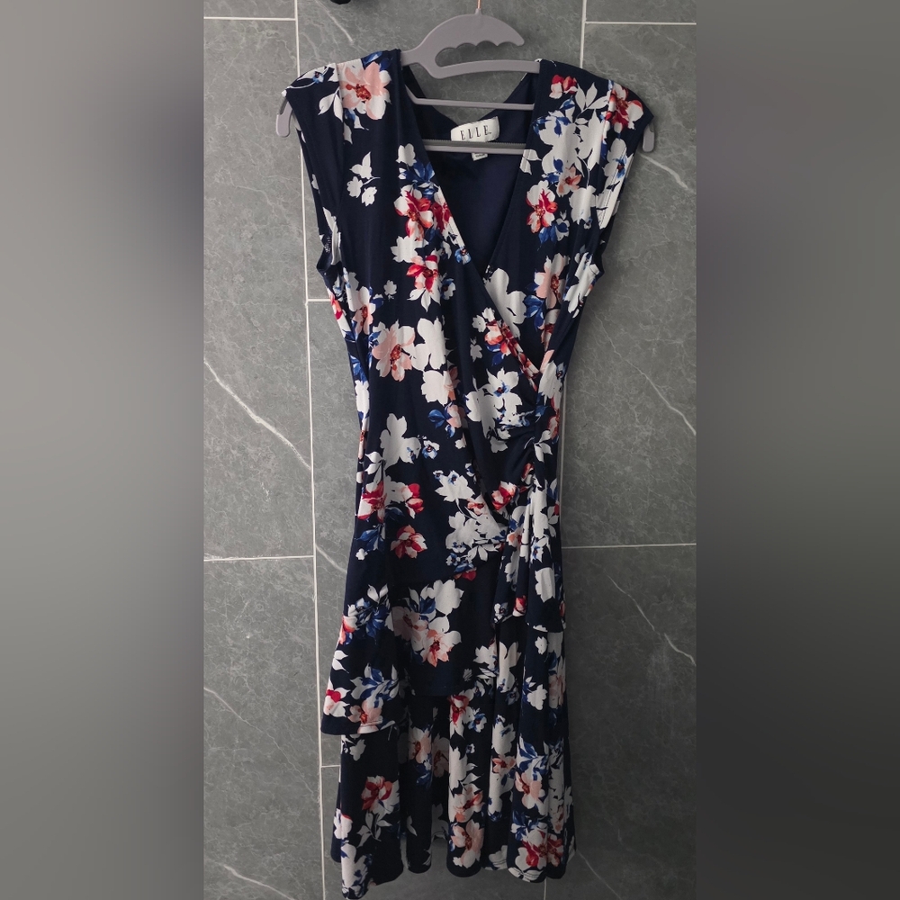 ELLE Print Ruffle Faux-Wrap Dress Navy Blush Floral Size XS